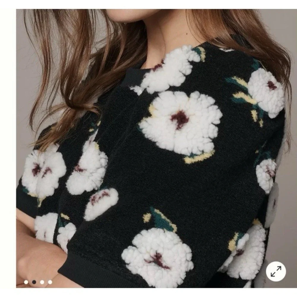 By Anthropologie NWT Medium Sherpa‎ Fleece Flowers Sweater Top Puff Sleeves